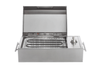 Front view of a compact stainless steel electric grill with the grate removed, revealing the internal heating element and disposable drip tray beneath the open lid, isolated on a black background for product display.