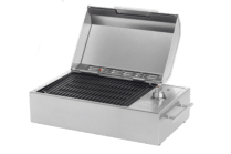 Angled view of a compact stainless steel electric grill with the lid open, featuring a non-stick grilling grate, side handles, and knob controls, isolated on a transparent background for product display.
