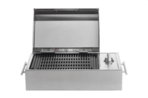 Front view of a compact stainless steel electric grill with the lid open, featuring a non-stick grilling grate, side handles, and knob controls, isolated on a transparent background for product display.