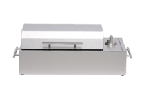Front view of a compact stainless steel electric grill with a closed lid, side handles, and knob controls, isolated on a transparent background for product display.