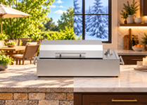 A stainless steel grill sitting in a summer outdoor setting and a winter indoor setting