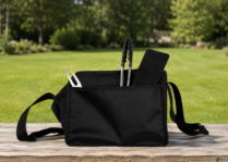 Black electric grill carry bag with grilling tools inside, placed on a wooden picnic table in a sunny backyard with a green lawn and trees in the background.