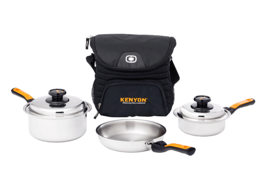 Portable cookware set with two stainless steel pots, a stainless steel frying pan, and a black carrying bag featuring the Kenyon logo, displayed on a light gray background.