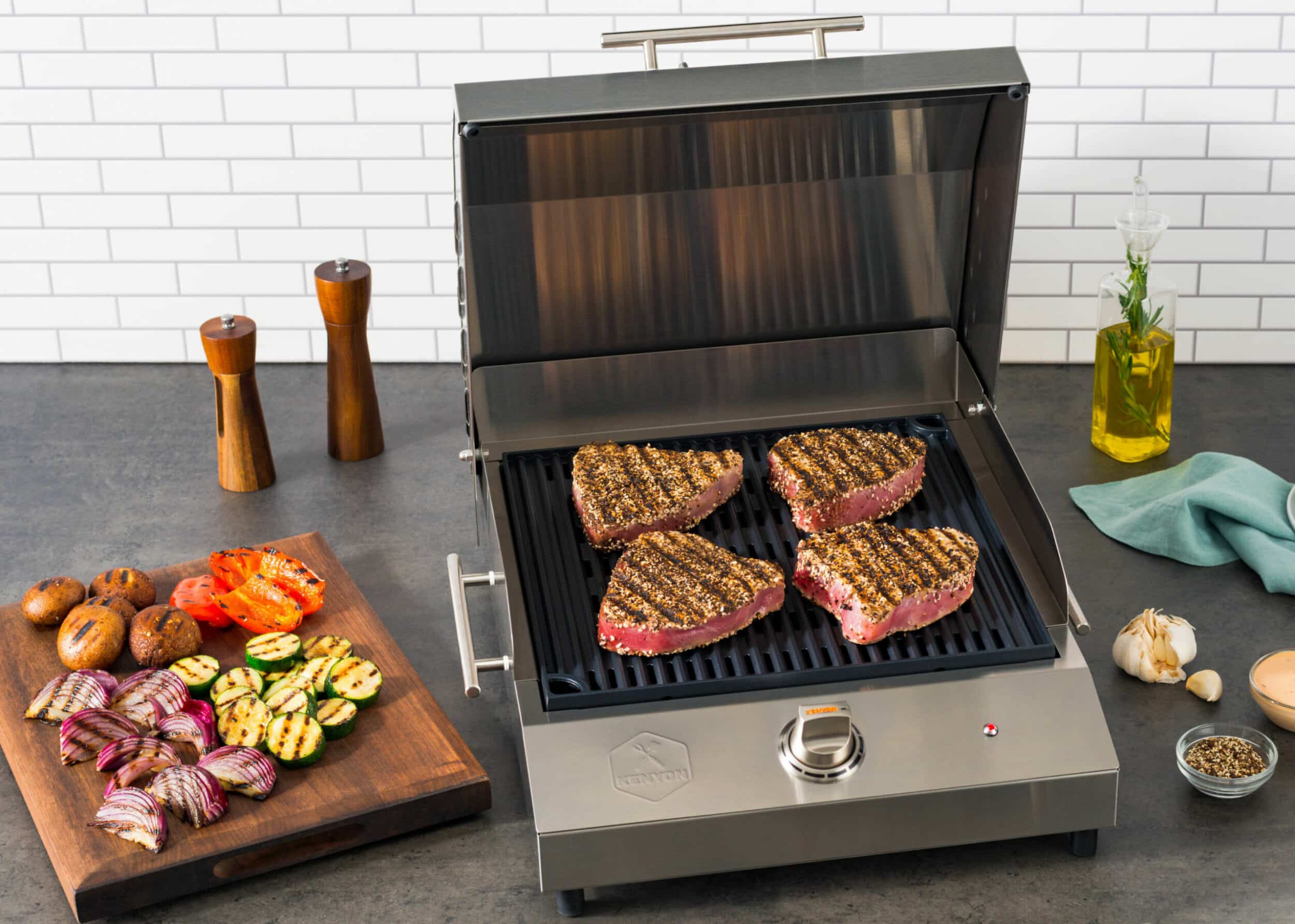 Grilled Peppercorn-Crusted Tuna Steaks with Vegetable Medley - Kenyon