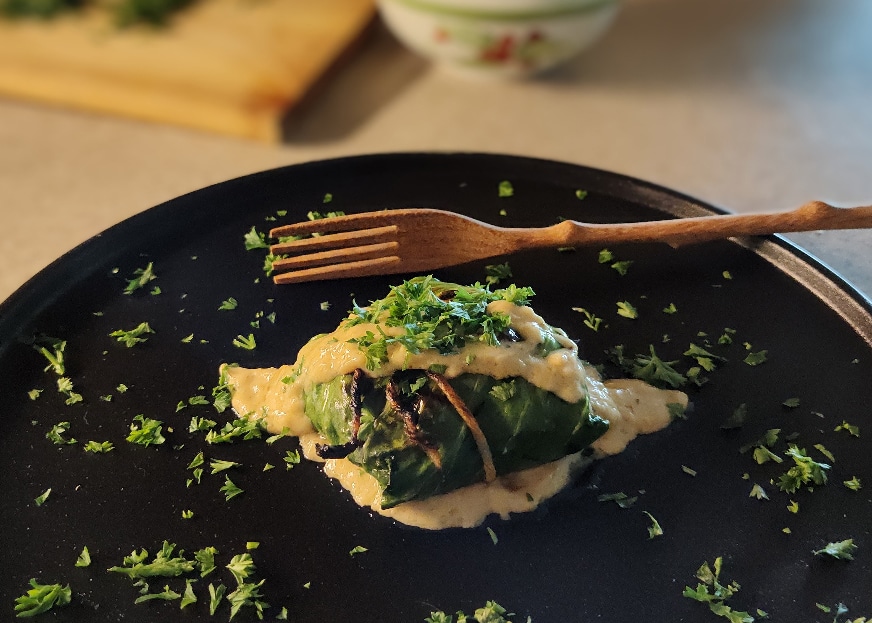Autumn Grilled Seafood Stuffed Cabbage with Saffron Butter Sauce
