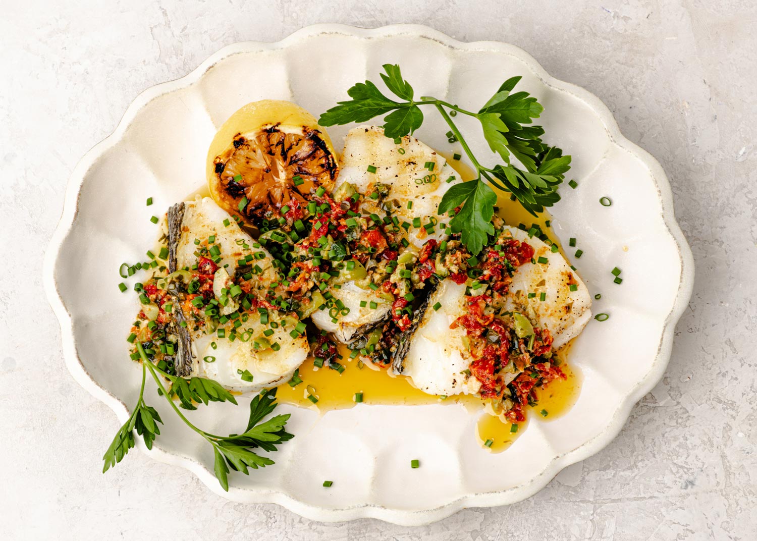 Grilled Sea Bass with Tomato Caper Butter | Recipe by KENYON