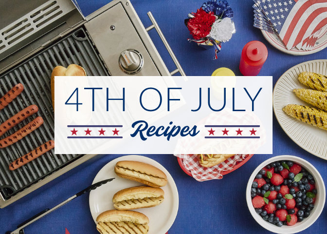 Graphic reading “4TH OF JULY Recipes” over a patriotic table setting featuring a Kenyon electric grill with hot dogs, grilled corn, hot dog buns, a berry salad, condiments, and American-themed decorations.