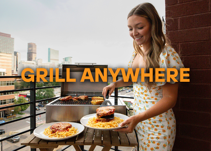 Woman Grilling on a balcony with her Kenyon Grill with text reading "Grill Anywhere"