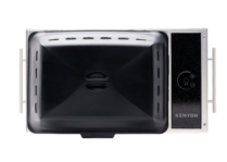 overhead view of Stainless steel built-in electric grill with a black lid and touch controls
