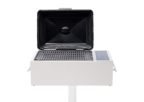 Kenyon stainless steel electric grill with open lid, IntelliKEN touch controls, pedestal mount, and empty grill grate on a black background.