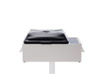 Kenyon stainless steel electric grill with closed black lid, IntelliKEN touch controls, side handles, and pedestal mount on a black background.