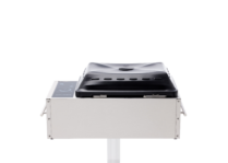 back view of Kenyon stainless steel electric grill with closed black lid, IntelliKEN touch controls, side handles, and pedestal mount on a black background.