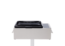 Kenyon stainless steel electric grill with closed black lid, IntelliKEN touch controls, side handles, and pedestal mount on a black background.