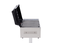 side view of Kenyon stainless steel electric grill with open lid, IntelliKEN touch controls, pedestal mount, and empty grill grate on a black background.
