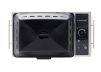 overhead view of Kenyon stainless steel electric grill with closed black lid, IntelliKEN touch controls, side handles, and pedestal mount on a black background.