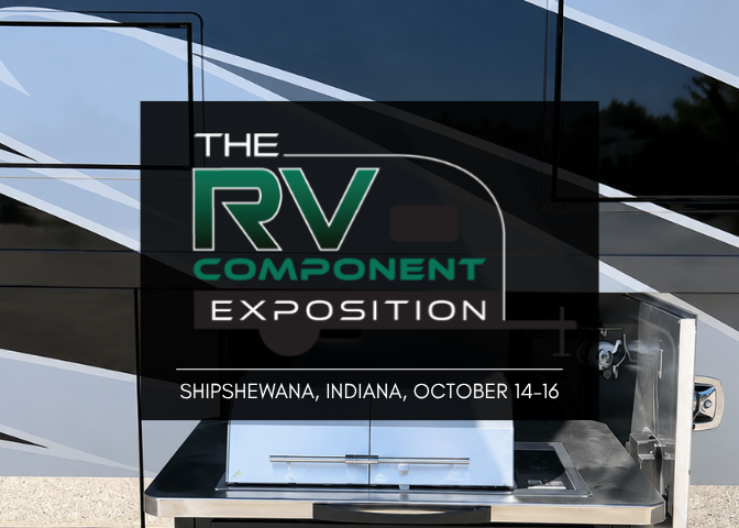 Kenyon electric grill installed in an RV outdoor kitchen with RV Component Exposition event graphic, Shipshewana, Indiana, October 14–16.