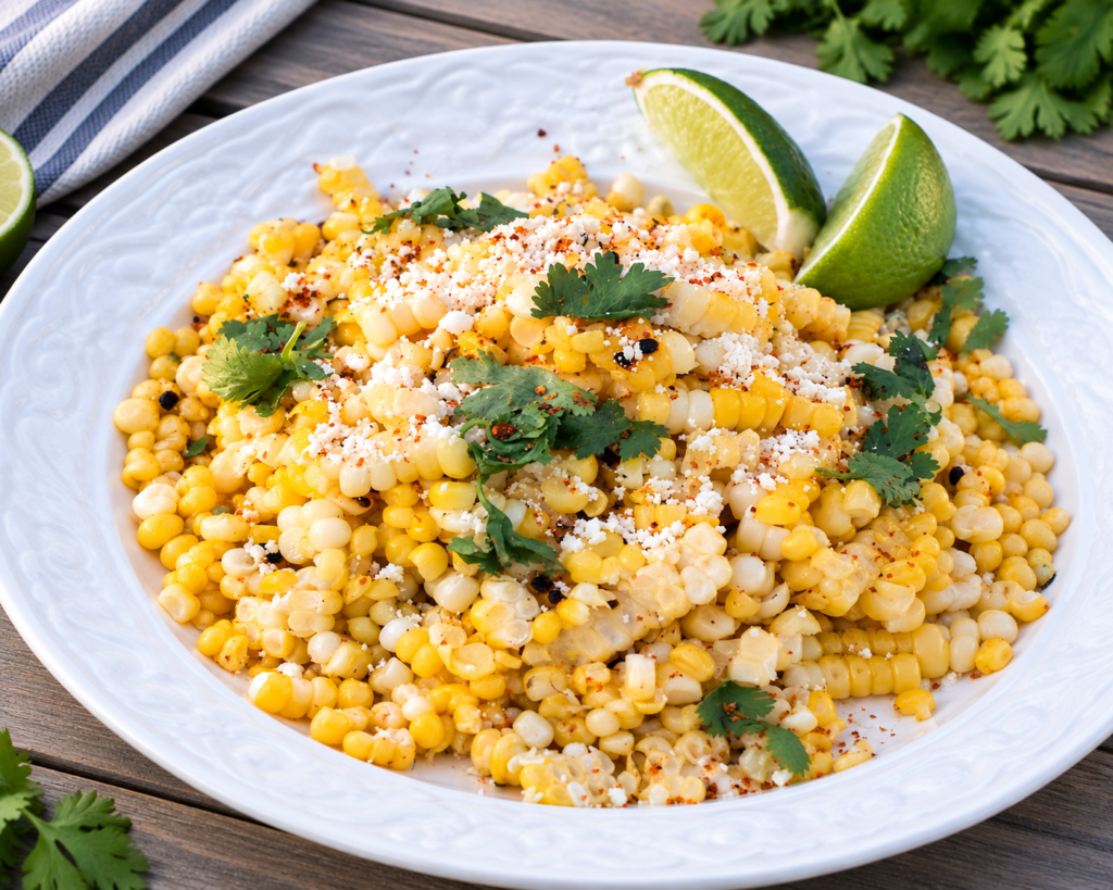 Street corn topped with crumbled cheese, fresh cilantro, chili seasoning, and lime wedges on a white plate.