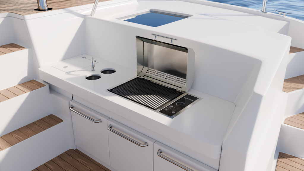 Kenyon 48V DC electric grill with Frontier lid built into the outdoor galley of a boat, featuring a stainless steel cooking surface and integrated controls.