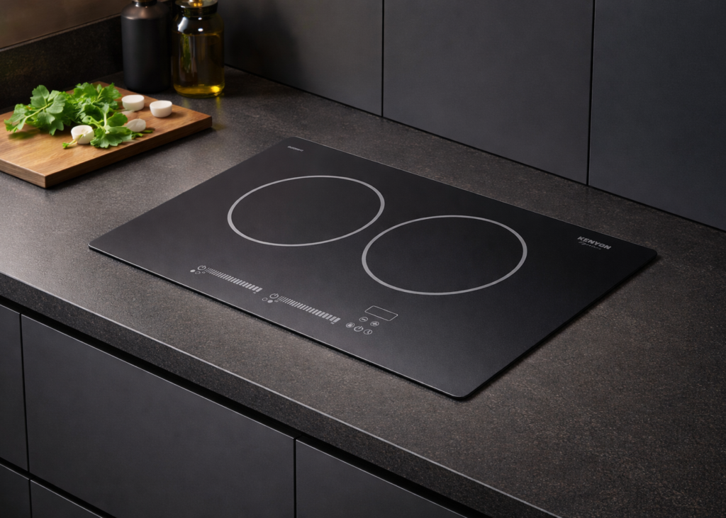 Kenyon two-burner Signature® Induction Cooktop in landscape orientation, featuring a matte black glass-ceramic surface installed in a modern kitchen countertop.